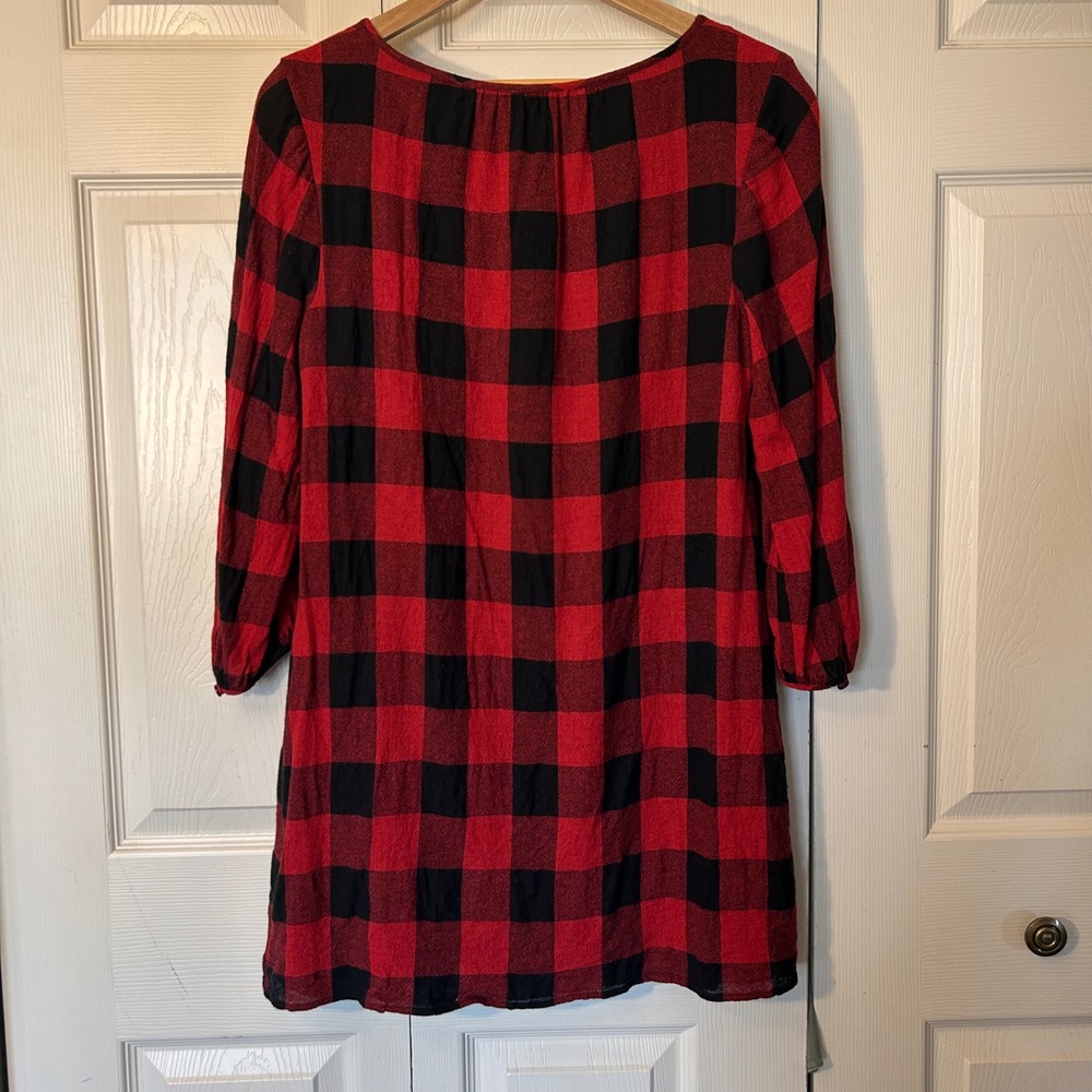 Madewell Red Black Buffalo Plaid Long Sleeve Tie Neck Tunic‎ Dress Size M - Picture 2 of 7